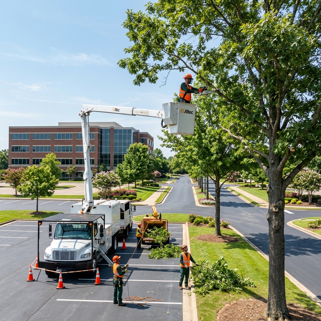 Professional tree maintenance crew with a bucket truck performing scheduled pruning at a commercial office park in Jonesboro Arkansas