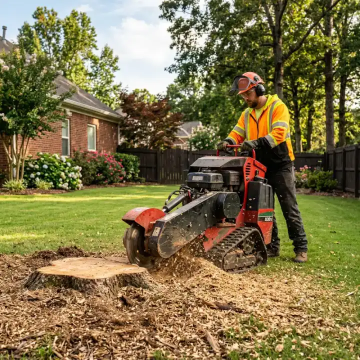 Professional stump grinder machine operating in a residential backyard in Arkansas with operator in safety gear
